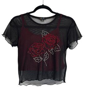 Dolls Kill Delia's In the Heights Mesh Lettuce Edge Rhinestone Layered Baby Tee